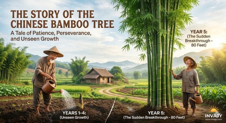 A side-by-side illustration of the Chinese Bamboo Tree story. On the left, a farmer waters a tiny sprout representing years of unseen growth. On the right, he stands next to a massive 80-foot bamboo tree representing the sudden breakthrough in year five.