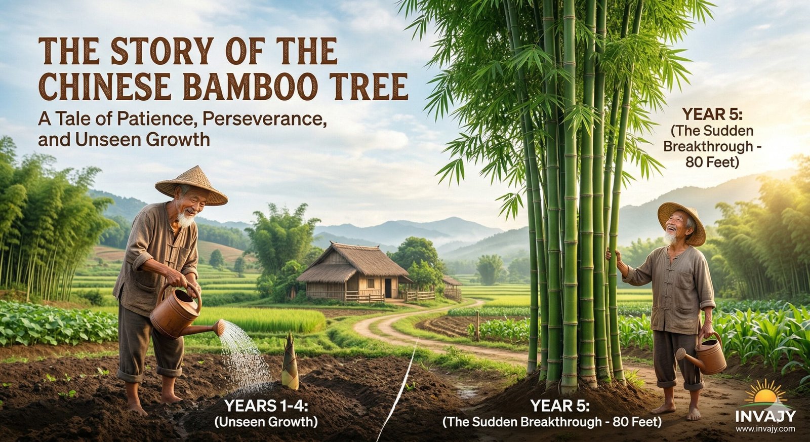 A side-by-side illustration of the Chinese Bamboo Tree story. On the left, a farmer waters a tiny sprout representing years of unseen growth. On the right, he stands next to a massive 80-foot bamboo tree representing the sudden breakthrough in year five.