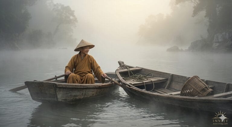 A peaceful monk in a small wooden boat on a foggy river, discovering that the boat that crashed into him is completely empty.